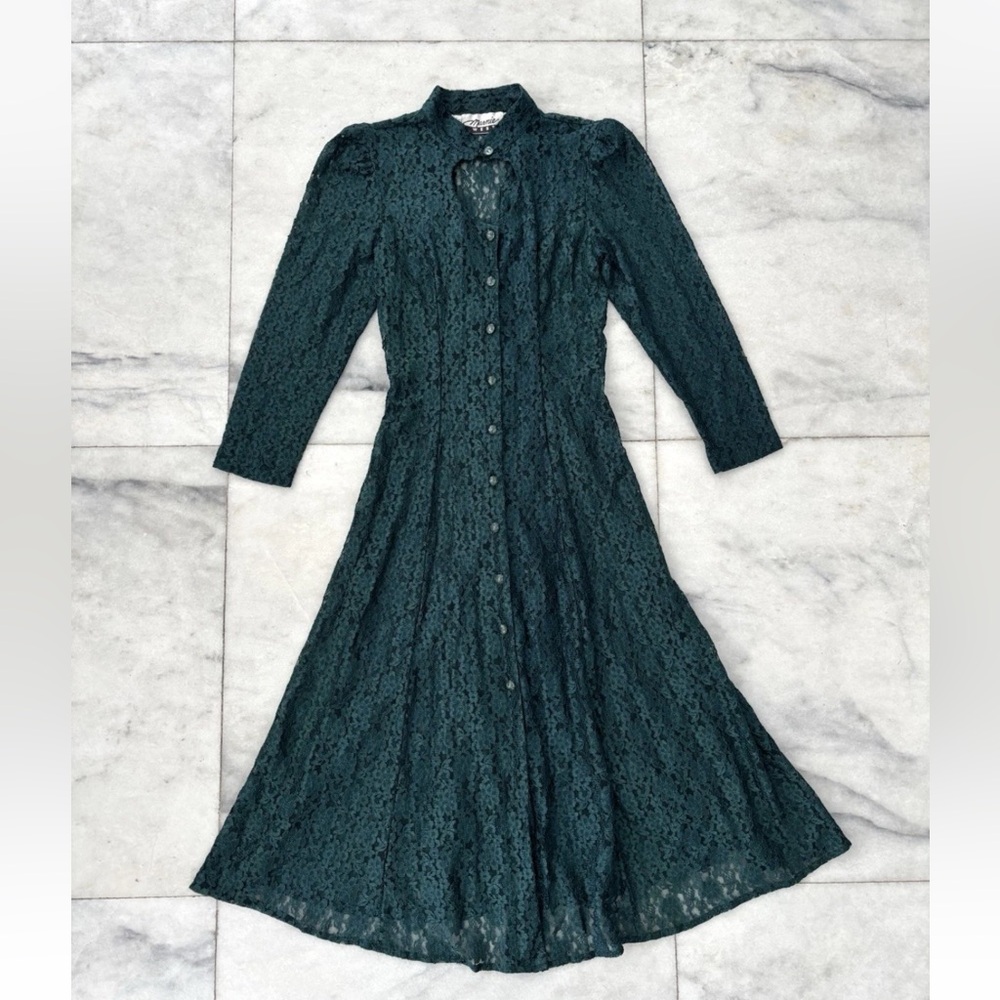 Vintage Marnie West Dress Midi Green Lace Long Sleeve Sheer Women 12 Renaissance